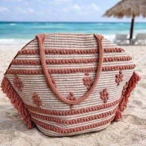 Shade & Shore Pink/Coral color  Fringe Straw Beach Tote Large Vacation Bag